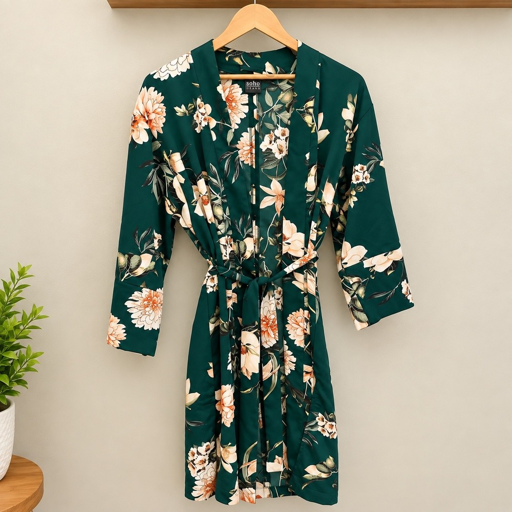 Soho Jeans New York & Company Satin Floral Kimono Spa Robe Jacket XS/S Belted